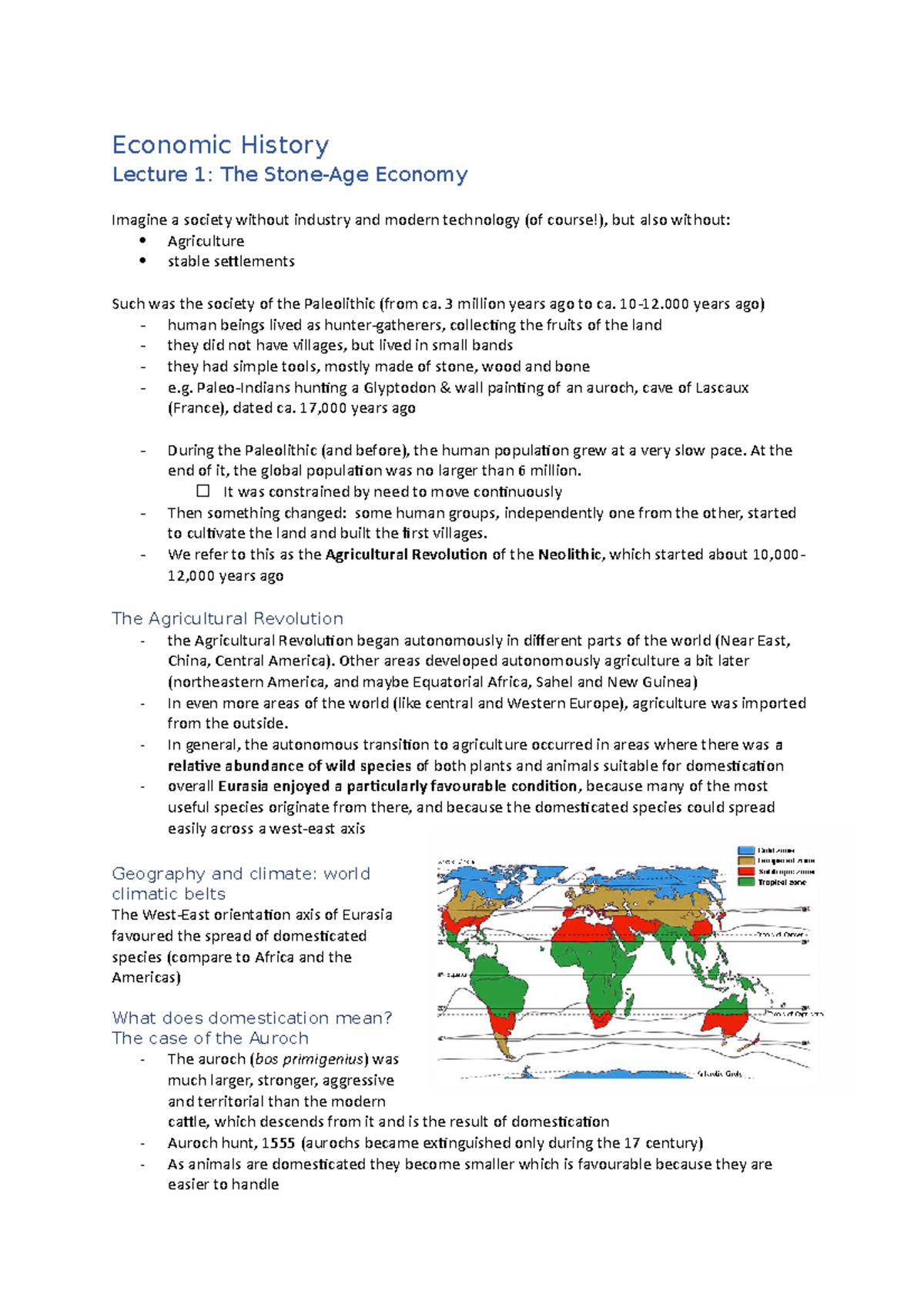 Notes - lecture and slides summary - Economic History Lecture 1: The ...