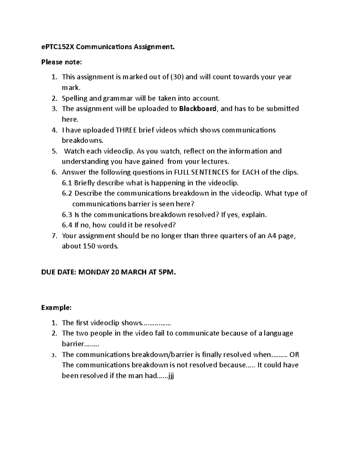 Assignment topics ptc152X and S - ePTC152X Communications Assignment ...