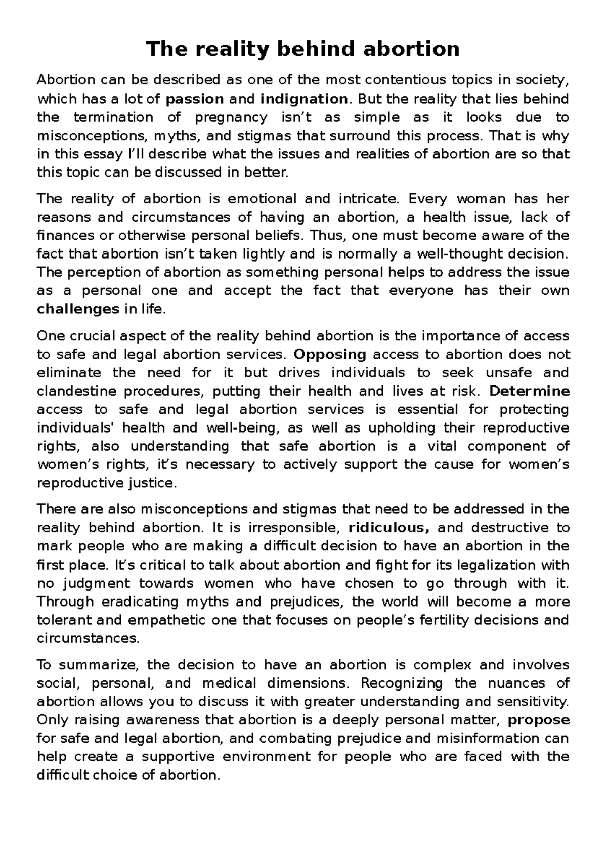Writing 3 - Essay Persuasive - The reality behind abortion Abortion can ...