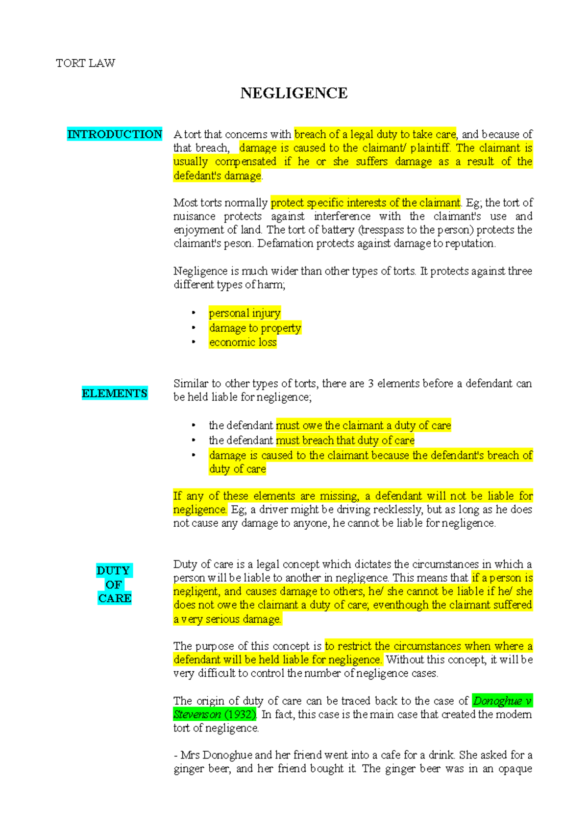 34789711 Tort Law Negligence - NEGLIGENCE INTRODUCTION ELEMENTS DUTY OF ...