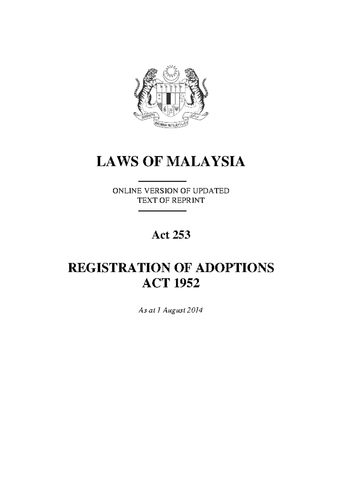 Act 253 - Registration of Adoptions Act 1952 - LAWS OF MALAYSIA ONLINE ...