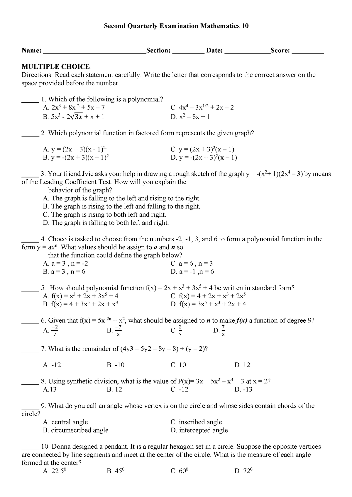 MATH 10 2ND Quarter EXAM 2023 - Second Quarterly Examination ...