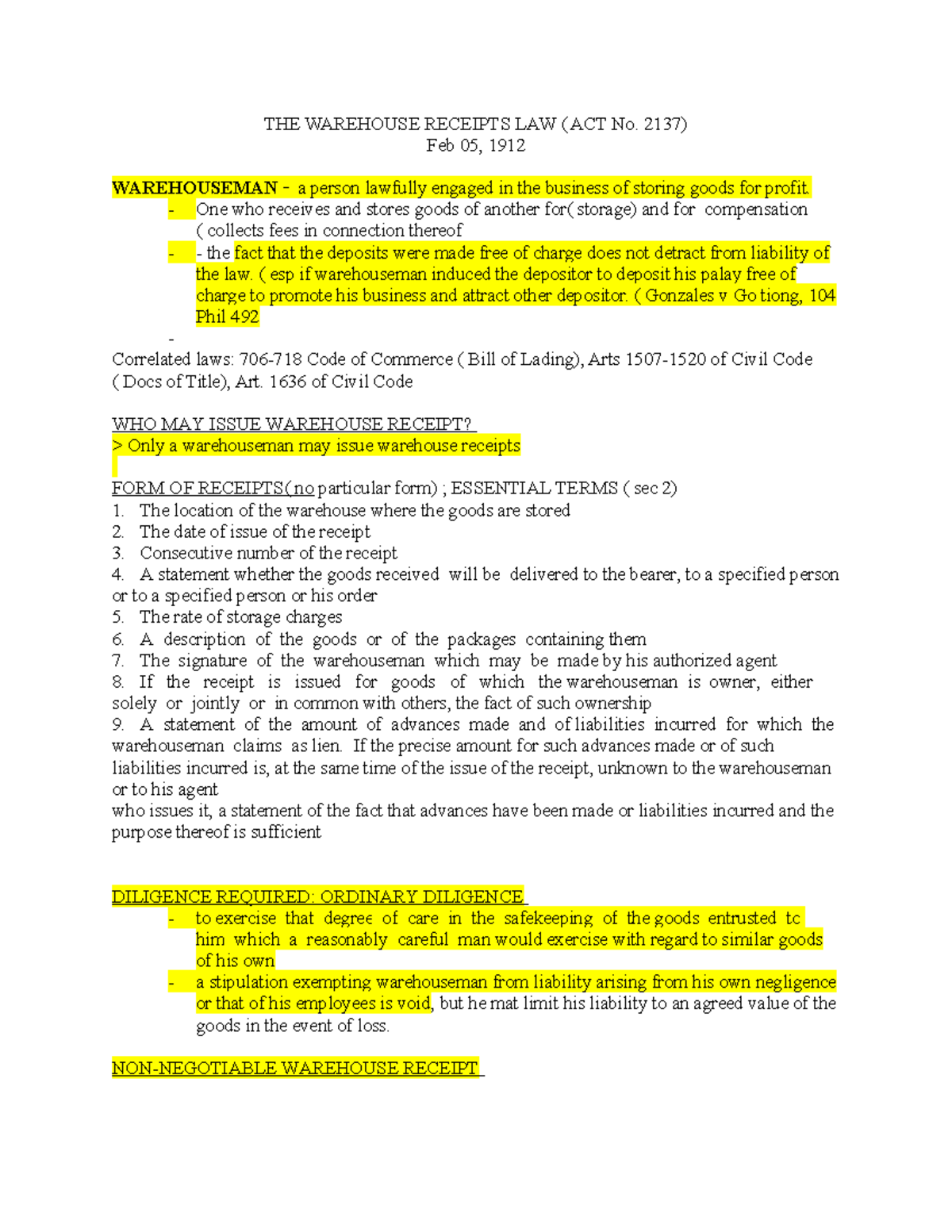 Notesonwarehousereceipts compress THE WAREHOUSE RECEIPTS LAW ( ACT