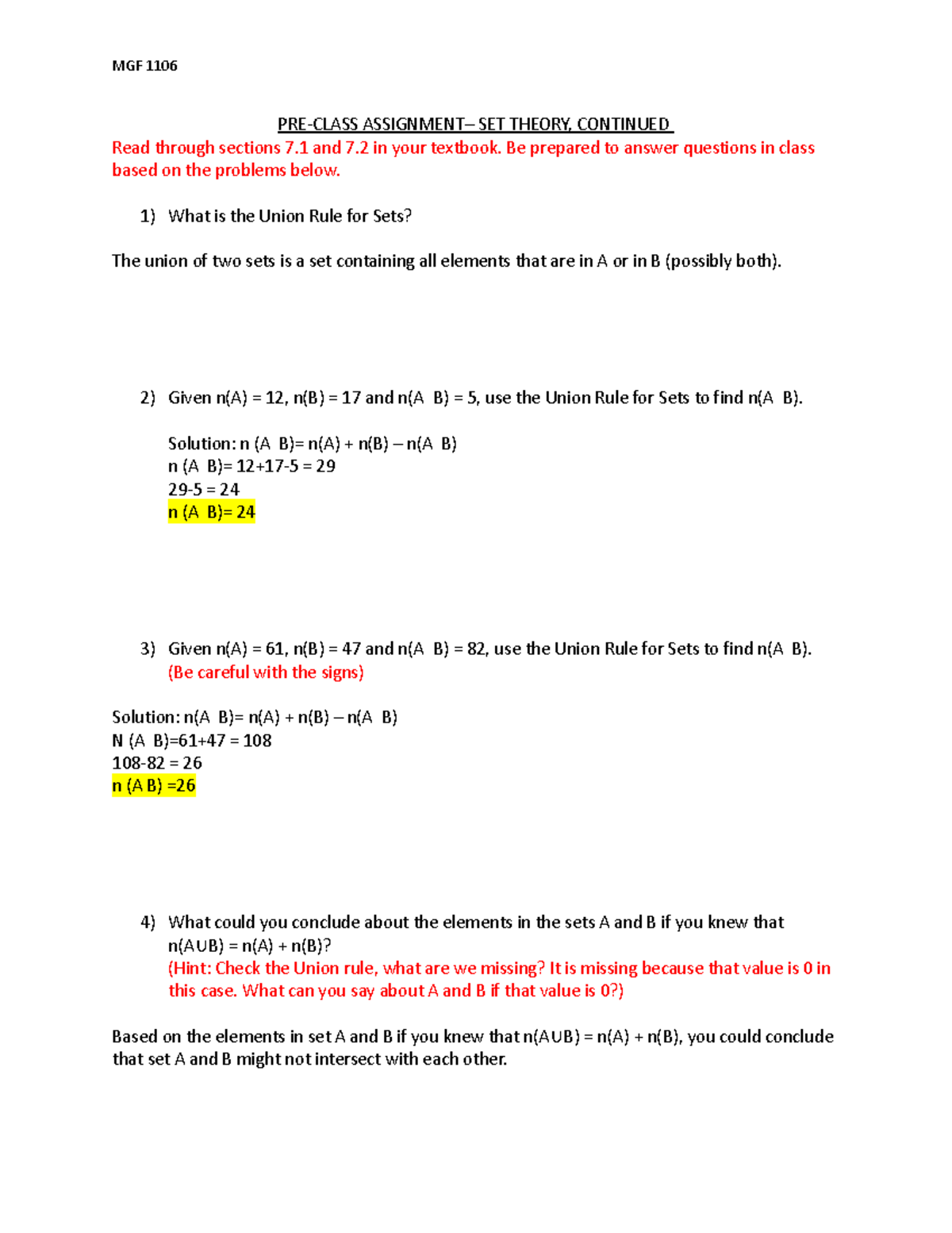 Pre-Class Week 2 - MGF 1106 PRE-CLASS ASSIGNMENT– SET THEORY, CONTINUED ...