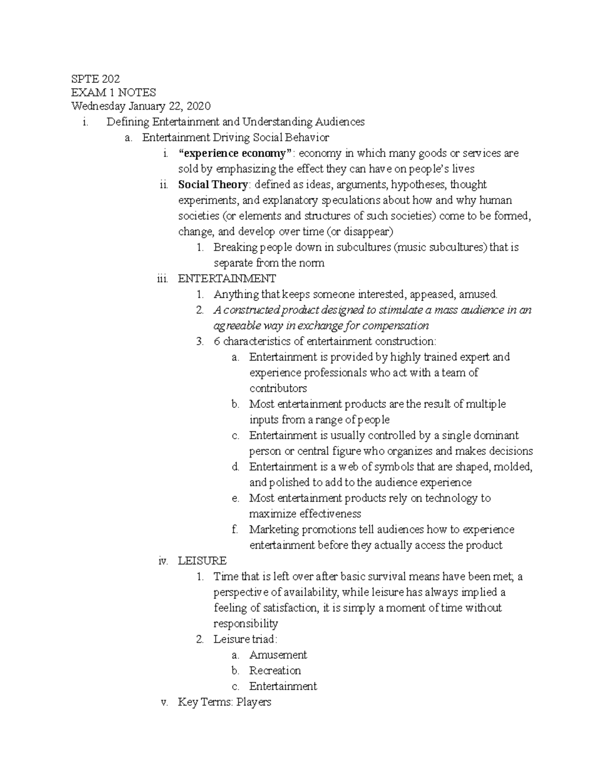 SPTE 202 Notes - SPTE 202 EXAM 1 NOTES Wednesday January 22, 2020 i ...