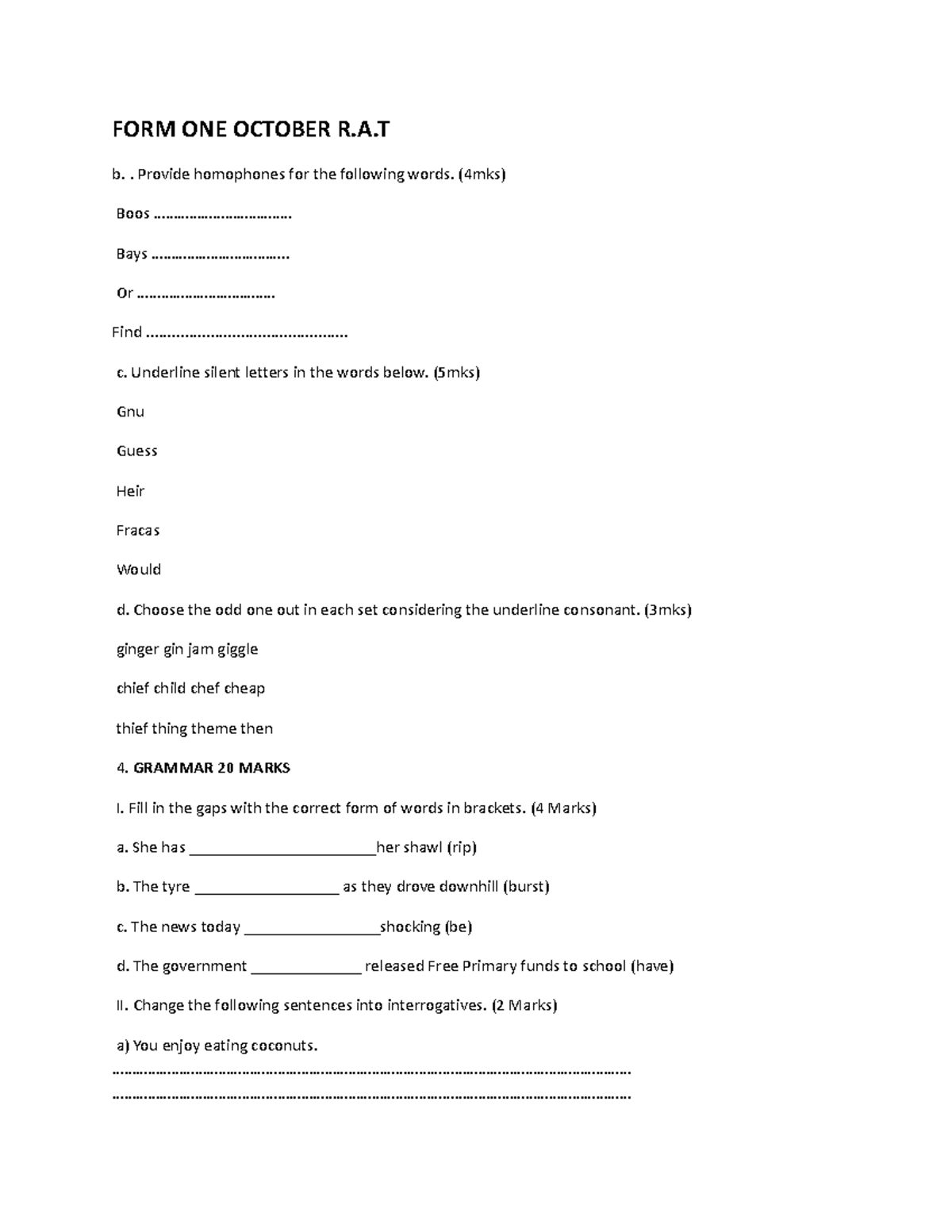 FORM ONE September RAT - These are lessons notes and questions - FORM ...