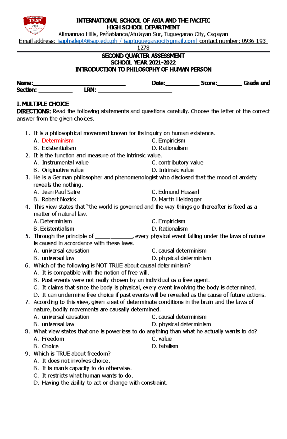 Philo- Second Quarter Assessment - Answer Key - INTERNATIONAL SCHOOL OF ...