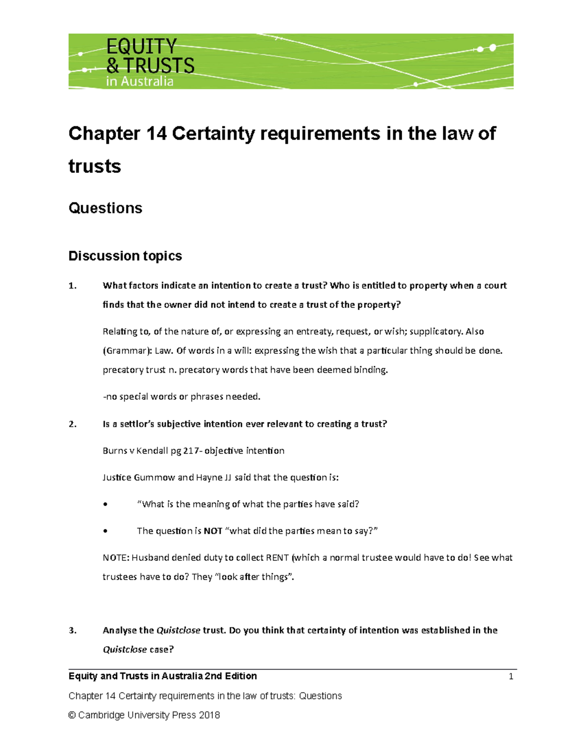 14-Questions - Equity Law Questions Chapter 14 Of Textbook - Chapter 14 ...