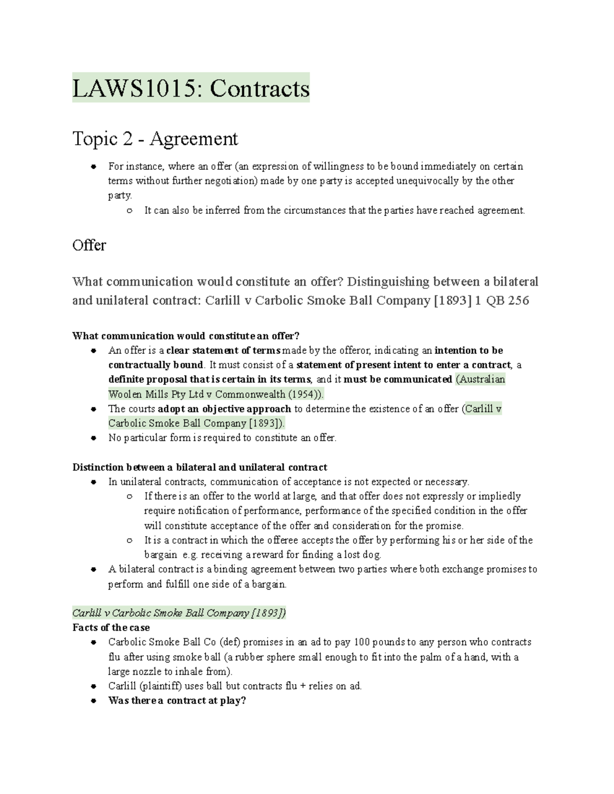 LAWS1015 Contracts - Topic 2 (Agreement) - LAWS1015: Contracts Topic 2 ...