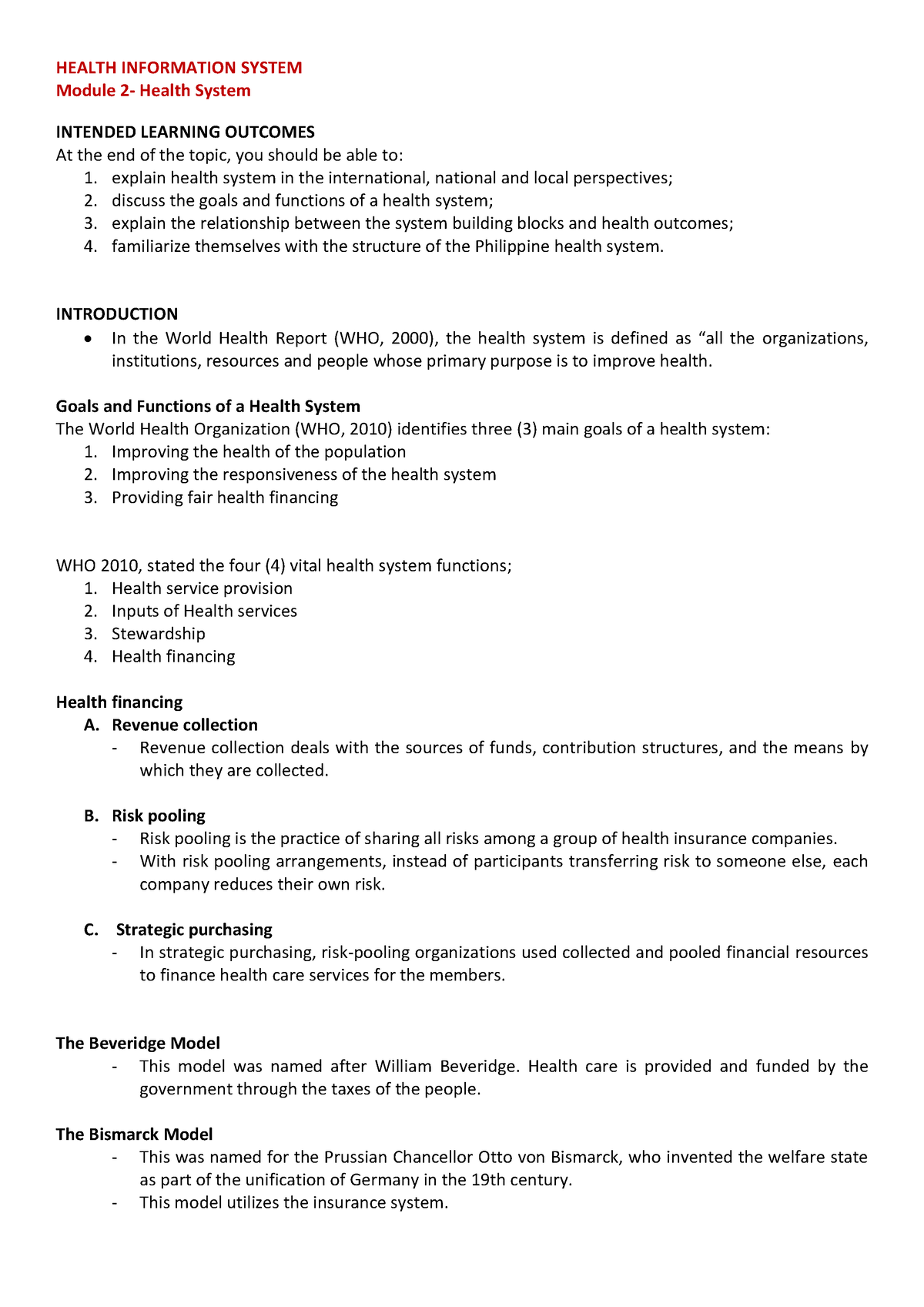 Module 2- Health System - HEALTH INFORMATION SYSTEM Module 2- Health ...