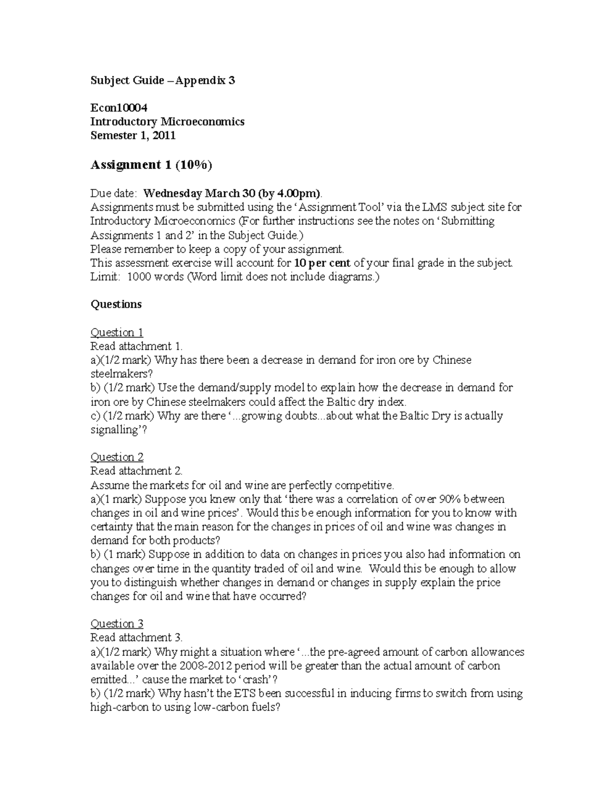 Assignment 1 Question - Subject Guide – Appendix 3 Econ10004 ...