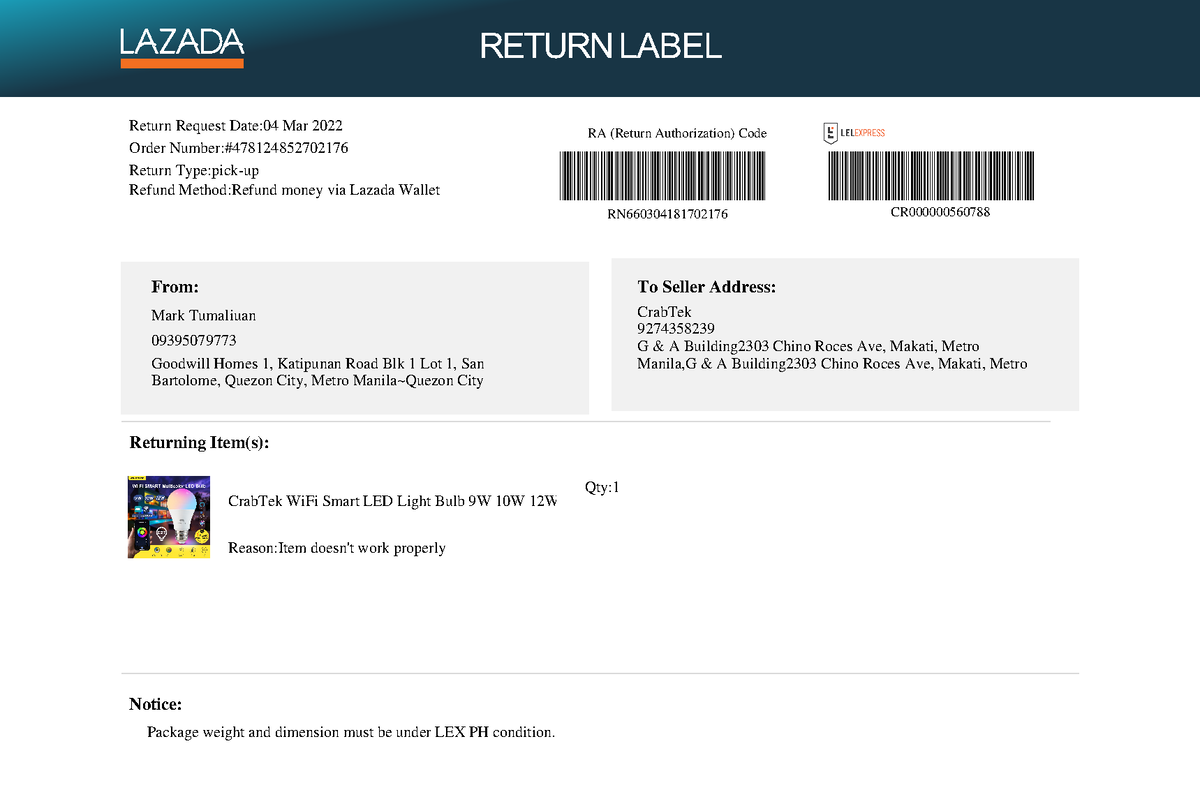 Return Label - asasaasa - RETURN LABEL Refund Method:Refund money via ...