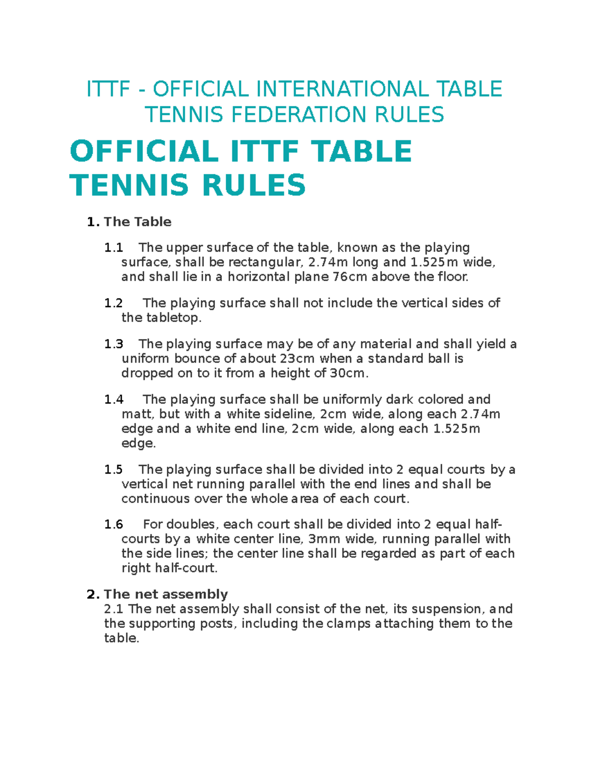 ITTF Rules and Regulation ITTF OFFICIAL INTERNATIONAL TABLE TENNIS