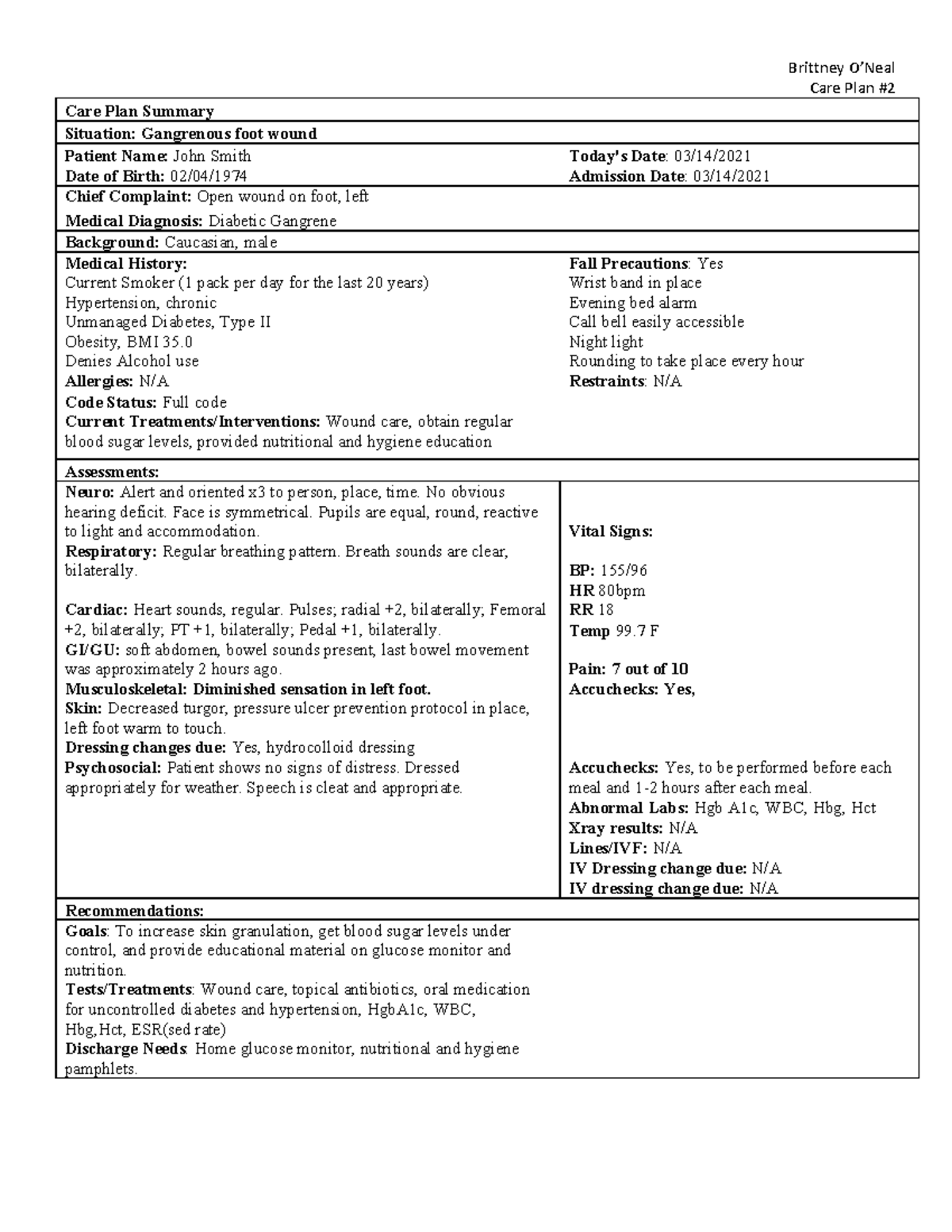 Care Plan #2 Combined - Brittney O’Neal Care Plan Care Plan Summary ...