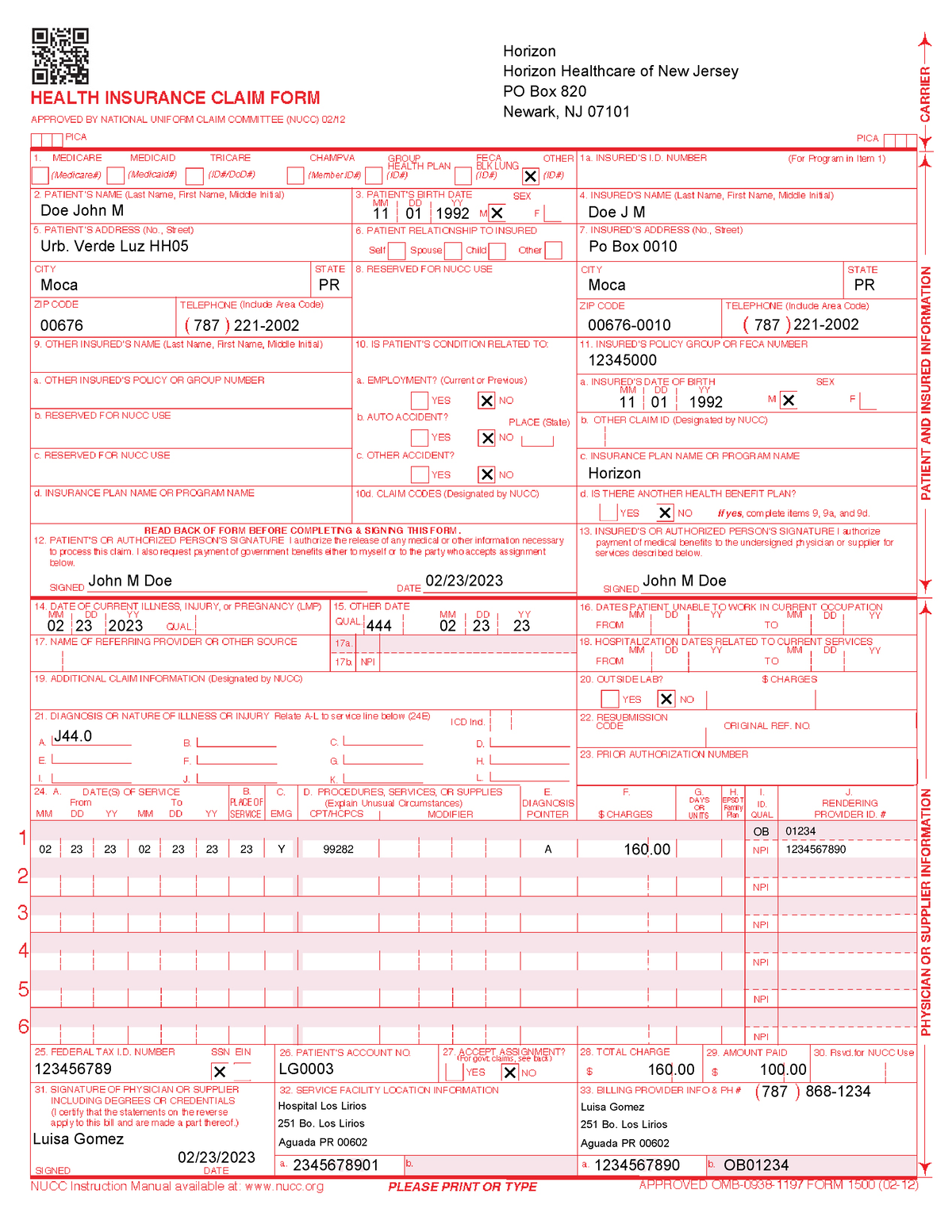 Blank claim form CMS-1500 realizado 7 - Horizon Horizon Healthcare of ...