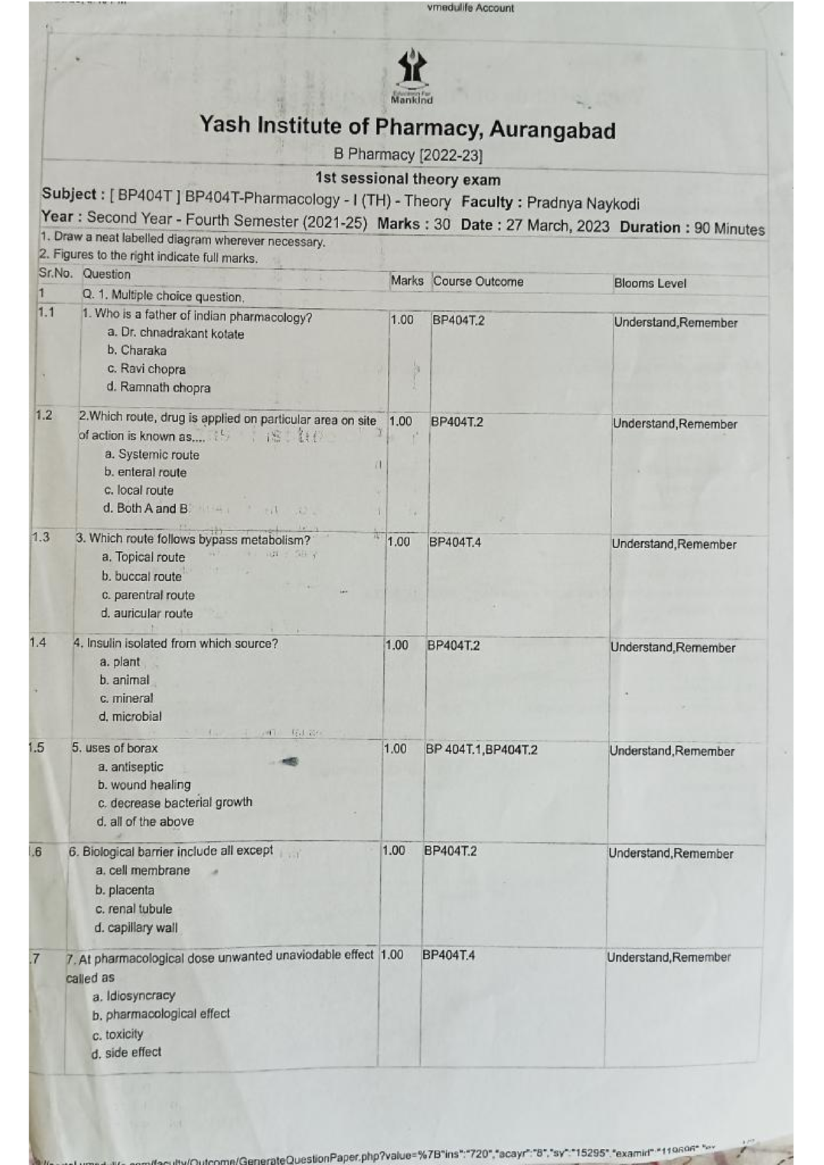 Yash 4th Sem First Sessional - B Pharmacy - Studocu