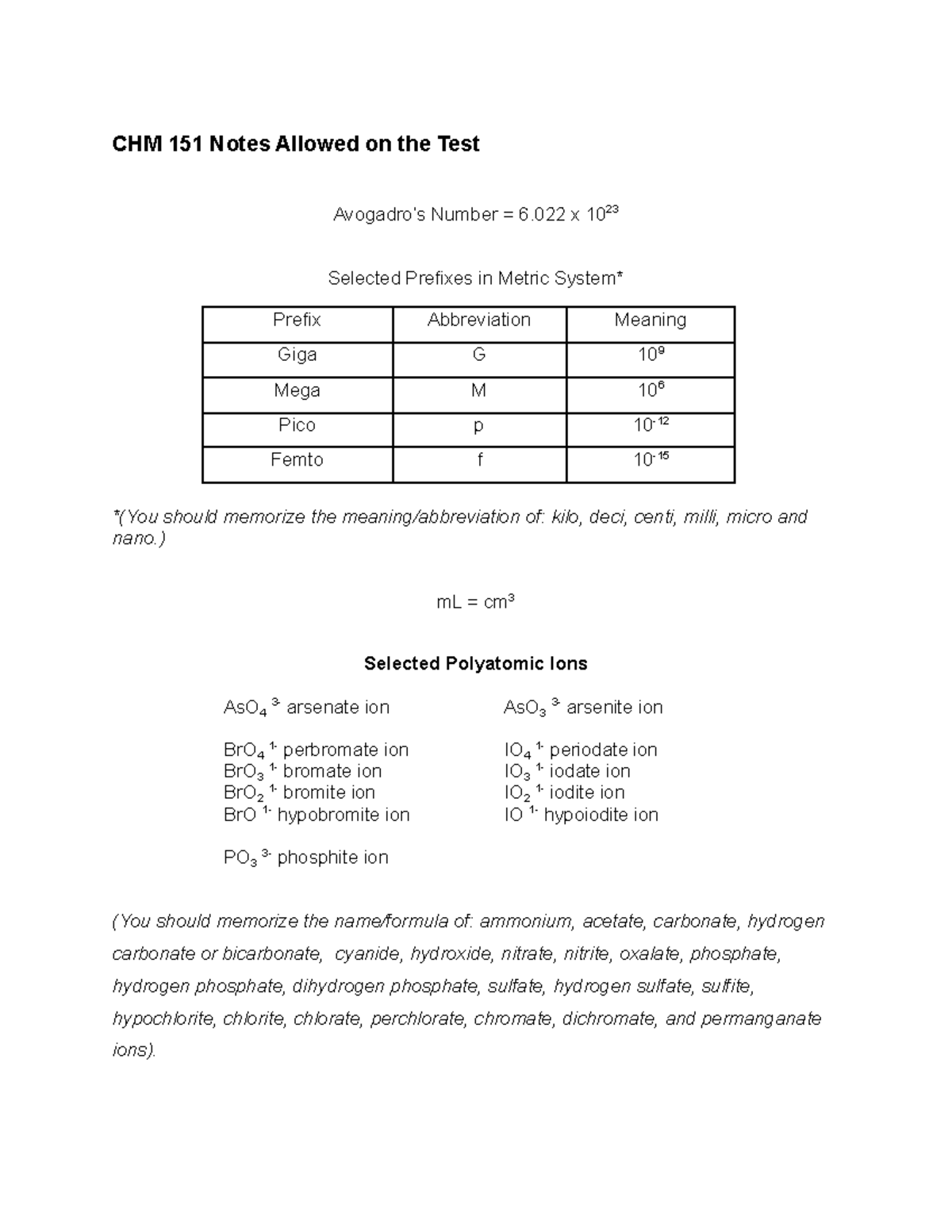 151-Test-Notes V 2 - Help With Basic Chemistry - CHM 151 Notes Allowed ...