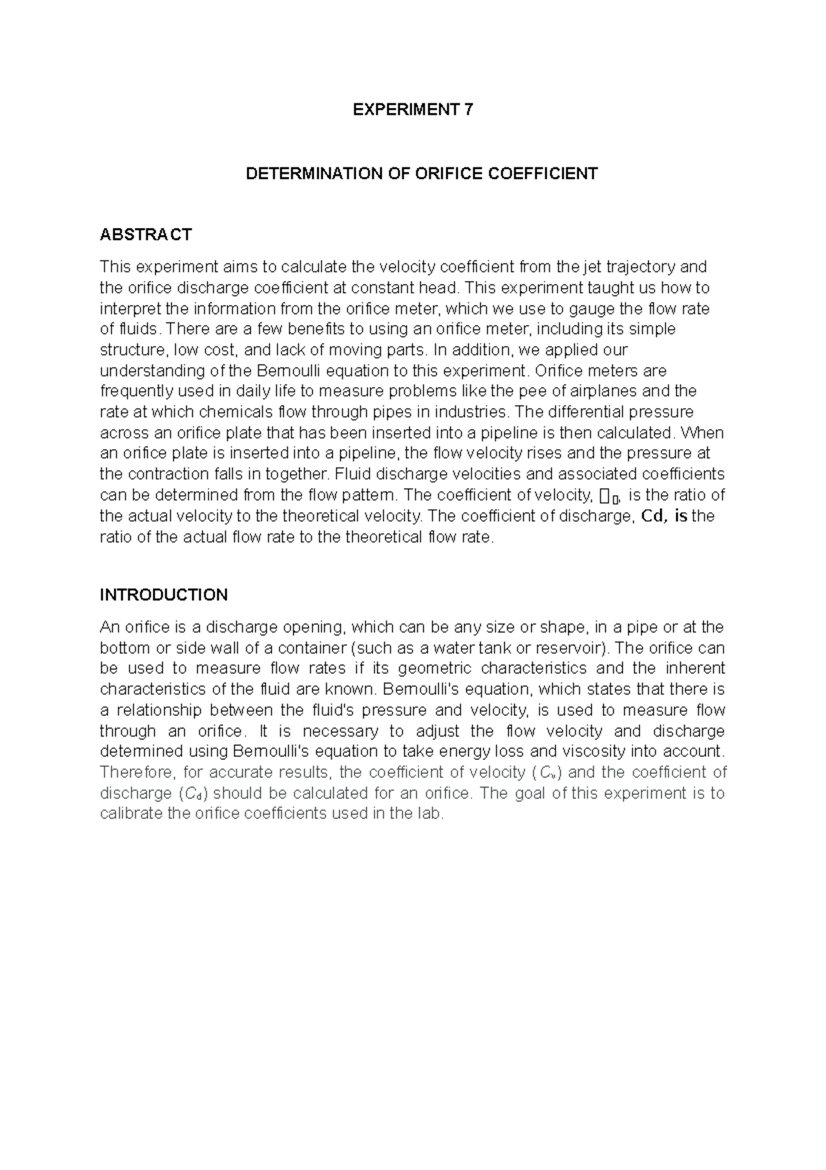 Experiment 7 Determination OF Orifice Coefficient - EXPERIMENT 7 ...