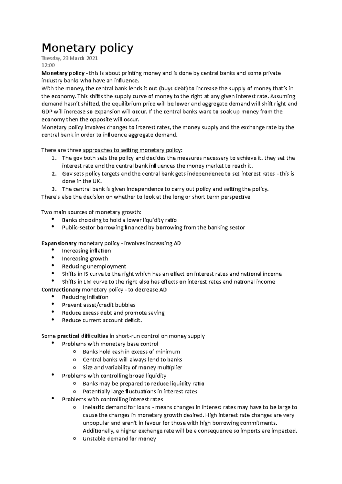 Monetary policy - Lecture notes 5-6 - Monetary policy Tuesday, 23 March ...