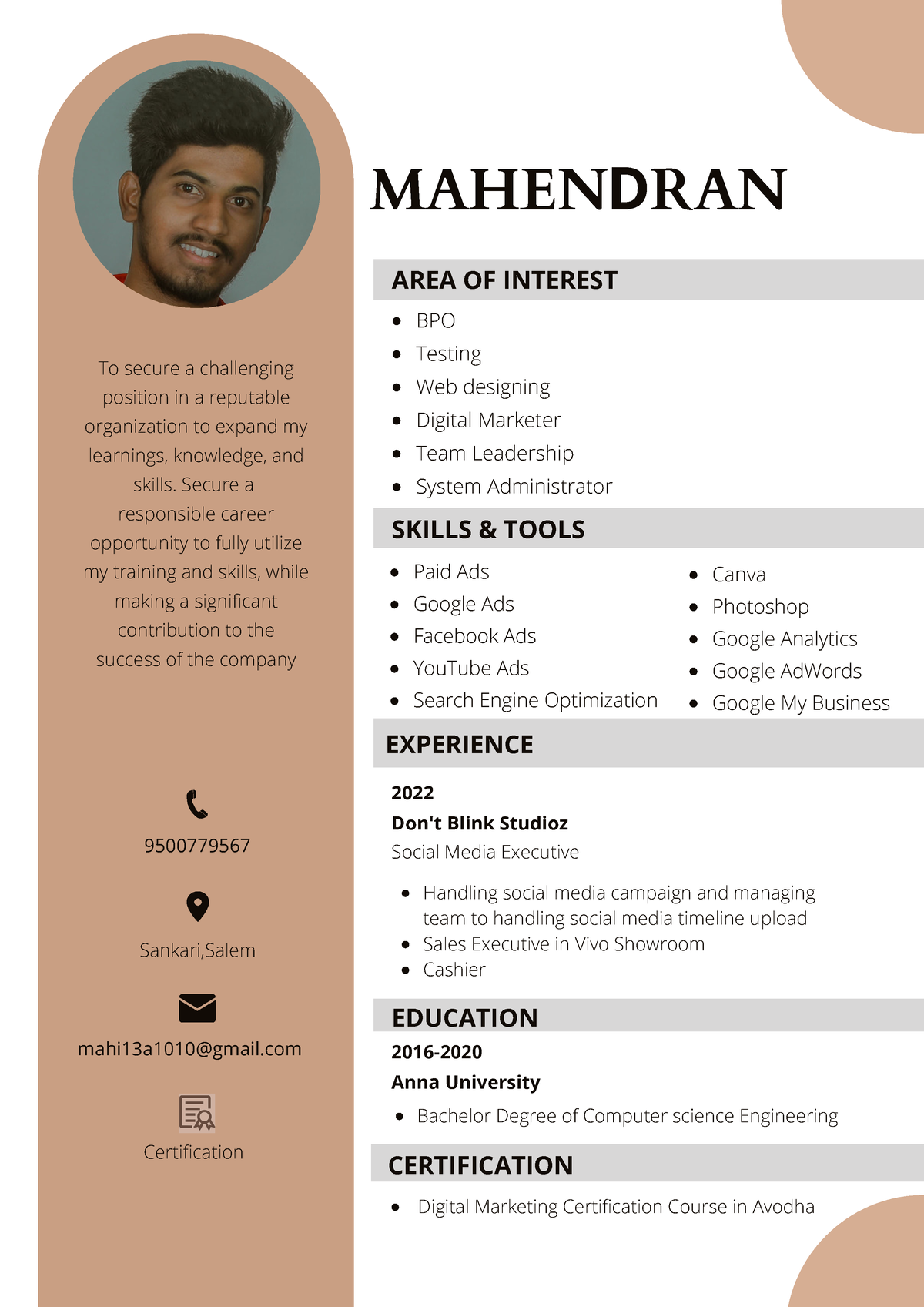 Mahendran Resume - Sankari,Salem Certification To secure a challenging ...