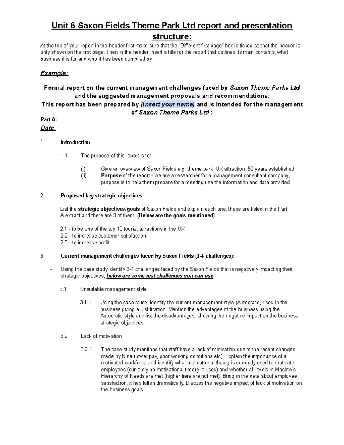 Saxon Fields Principles of Management report and presentation structure ...