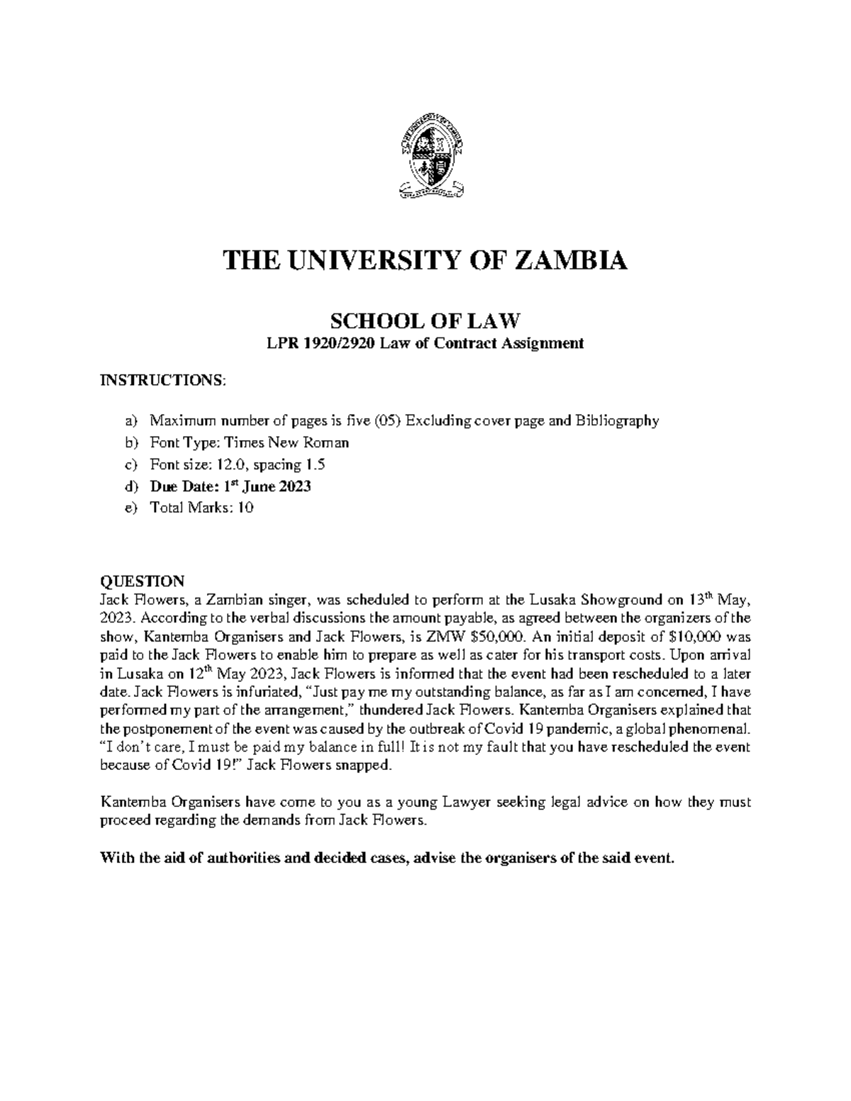 LPR 2920 Law of Contract Assignment Draft - THE UNIVERSITY OF ZAMBIA ...
