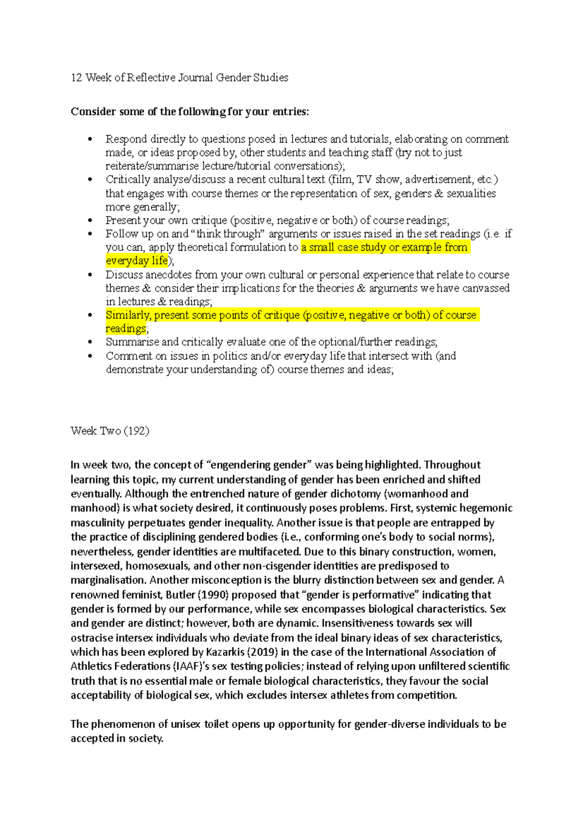 Reflective Journal Gender Studies - 12 Week of Reflective Journal ...