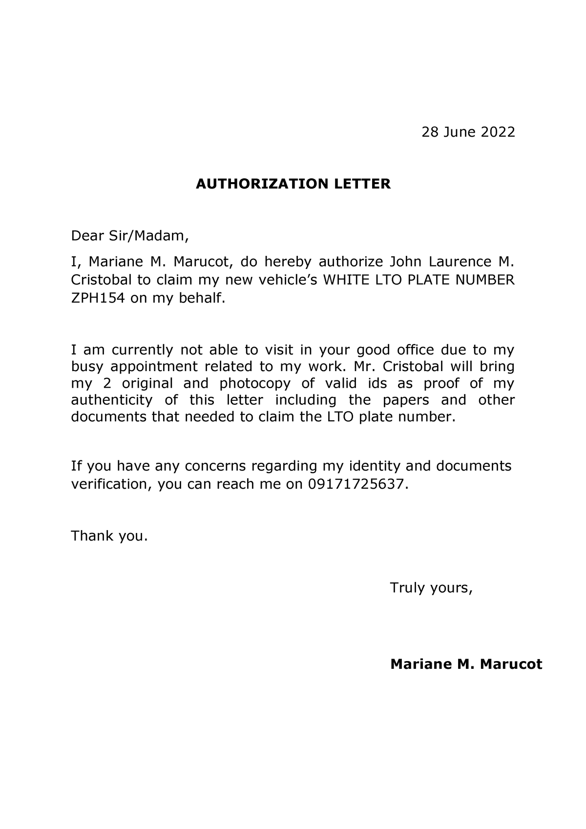 Authorization Letter Amang 28 June 2022 Authorization Letter Dear Sirmadam I Mariane M 0566