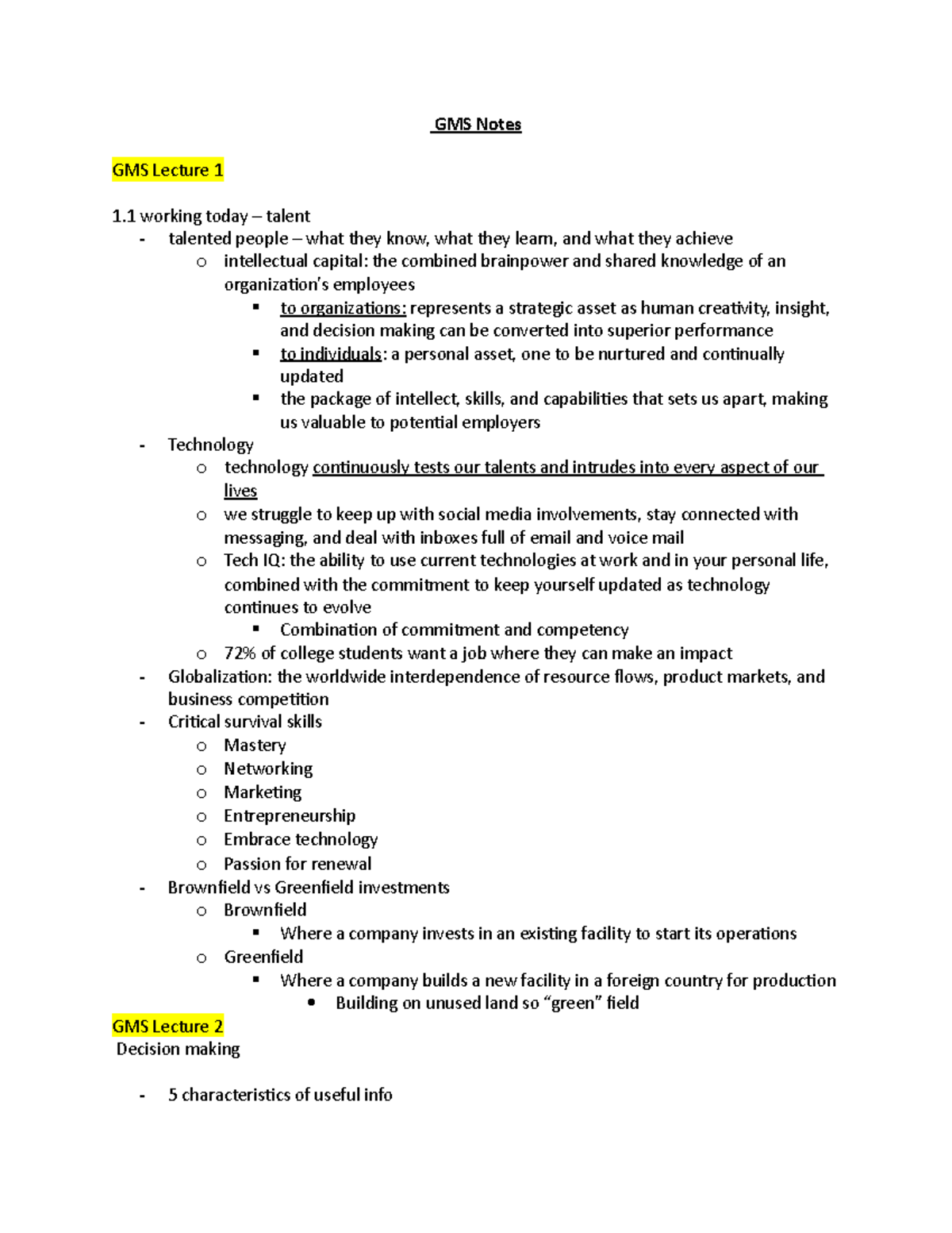 GMS Notes - GMS Notes GMS Lecture 1 1 working today – talent - talented ...