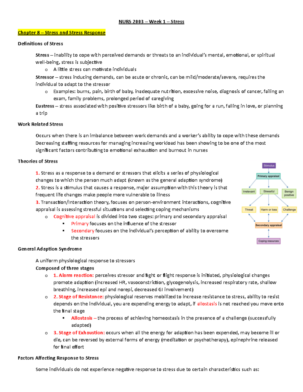 NURS 2003 - notes - NURS 2003 – Week 1 – Stress Chapter 8 – Stress and ...