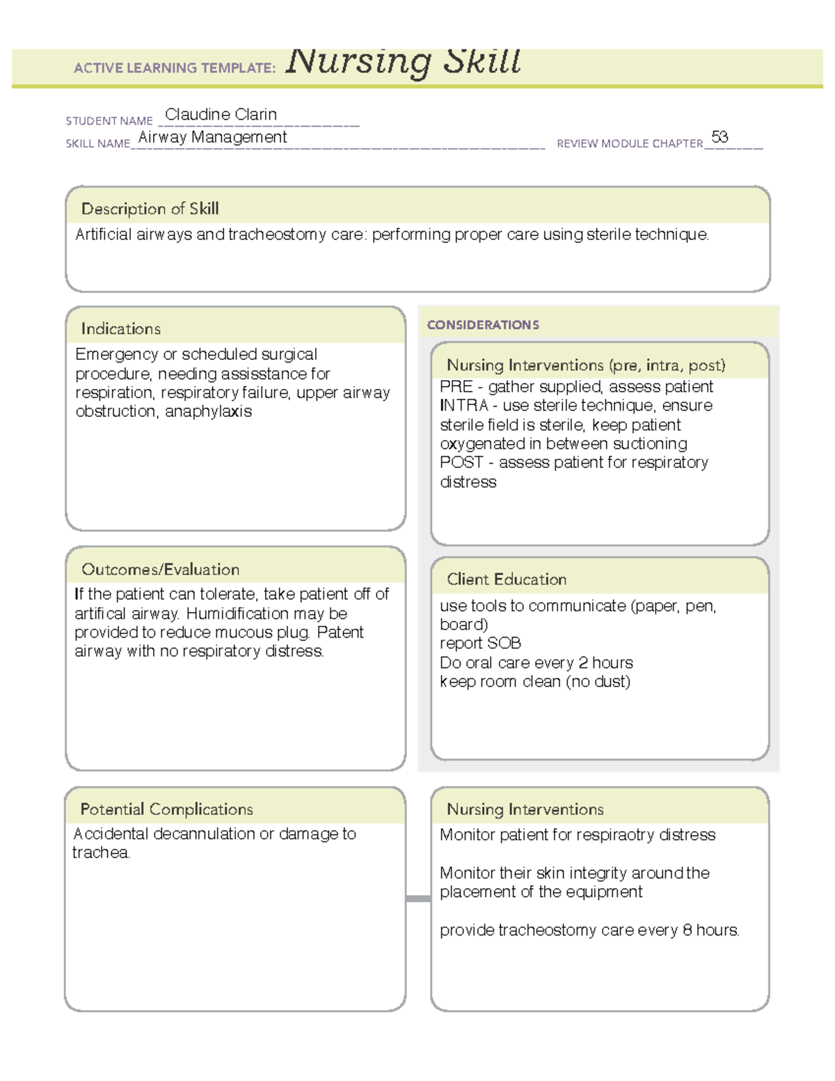 Tracheostomy Suctioning Nursing Skill Template