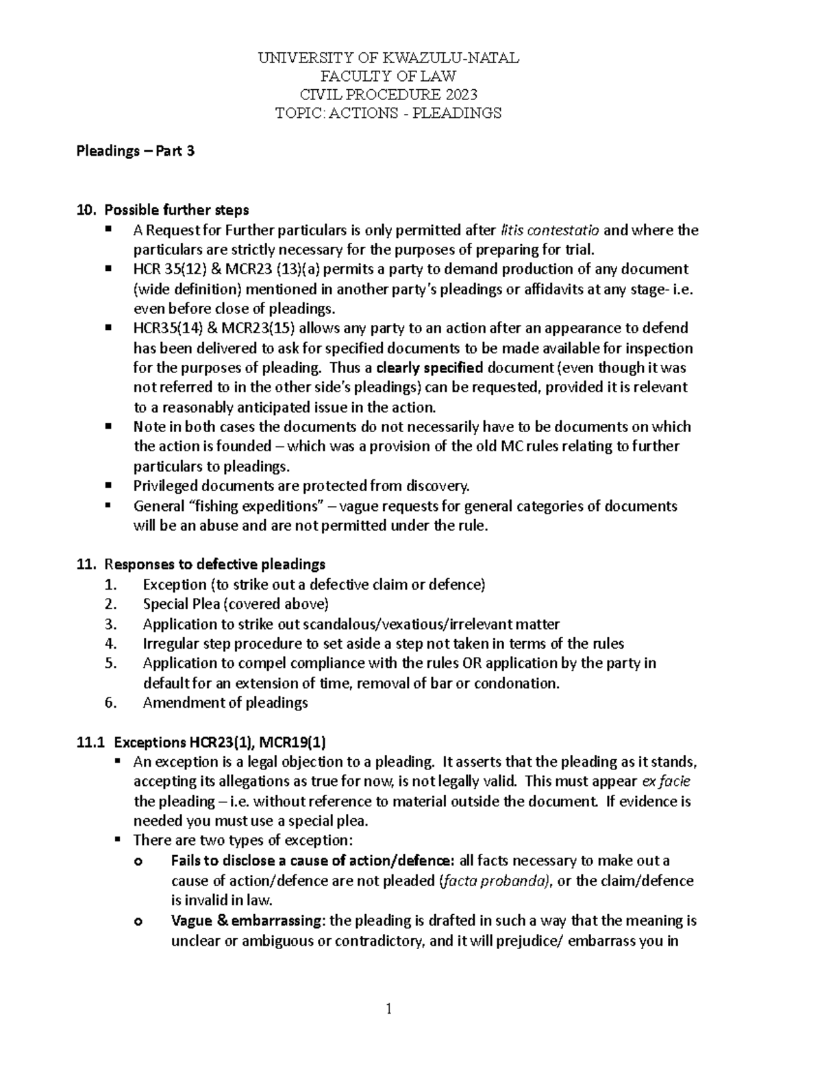 Actions Pleadings - Part 3 - 2023 - FACULTY OF LAW CIVIL PROCEDURE 2023 ...