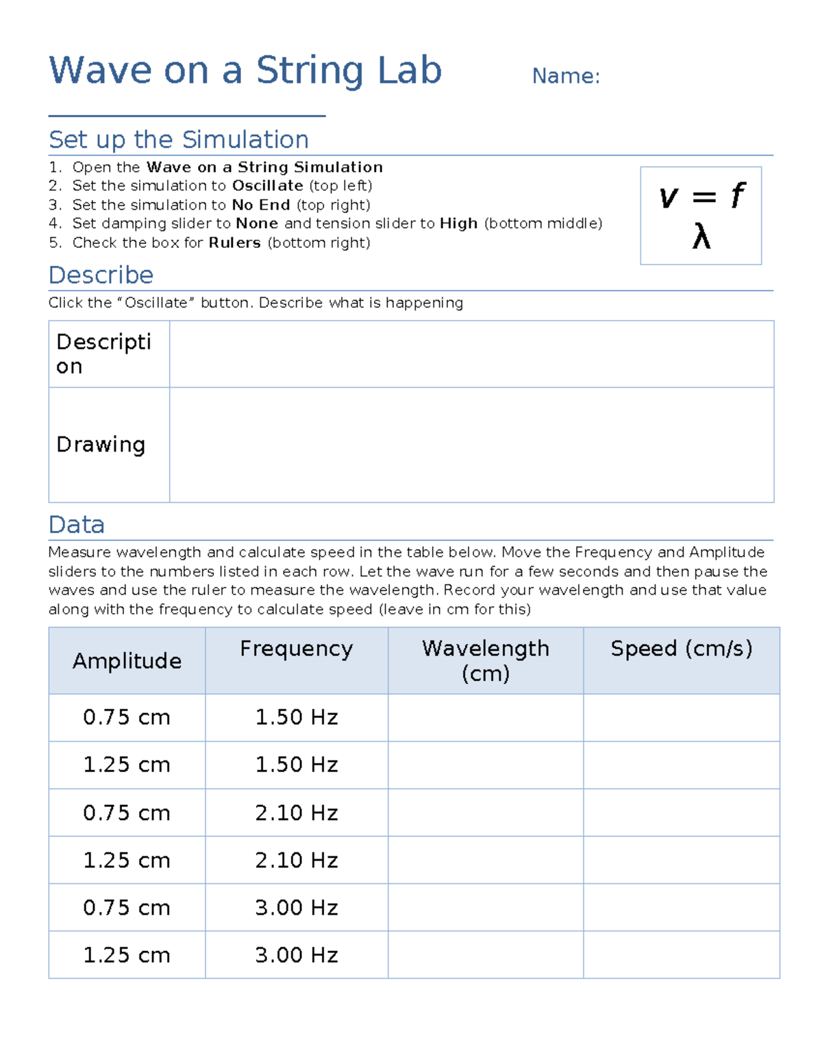 Wave on a String Lab - with answers - Wave on a String Lab Name