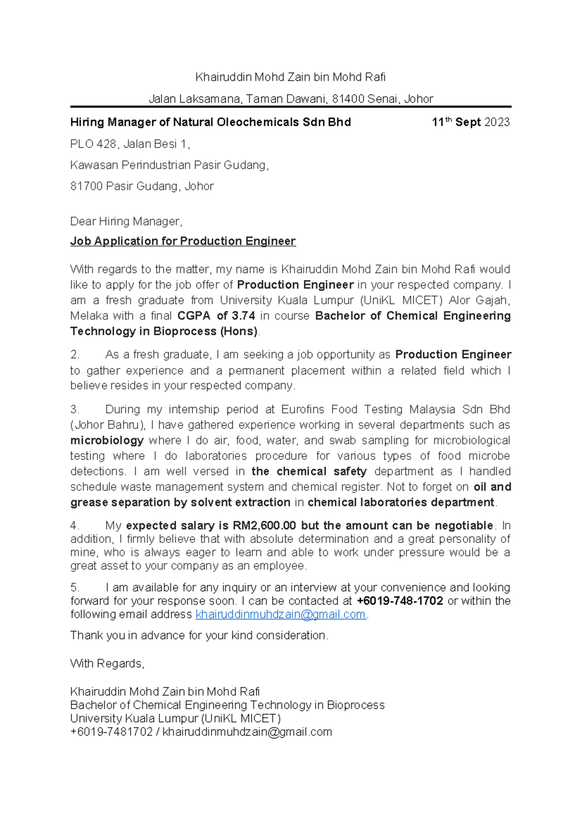 Cover Letter (CV) Khairuddin Mohd Zain bin Mohd Rafi - Khairuddin Mohd ...
