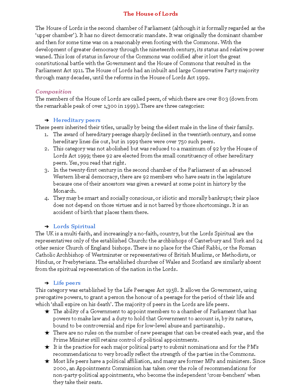 House of lords, hereditary peers, composition, Role of house of lords ...