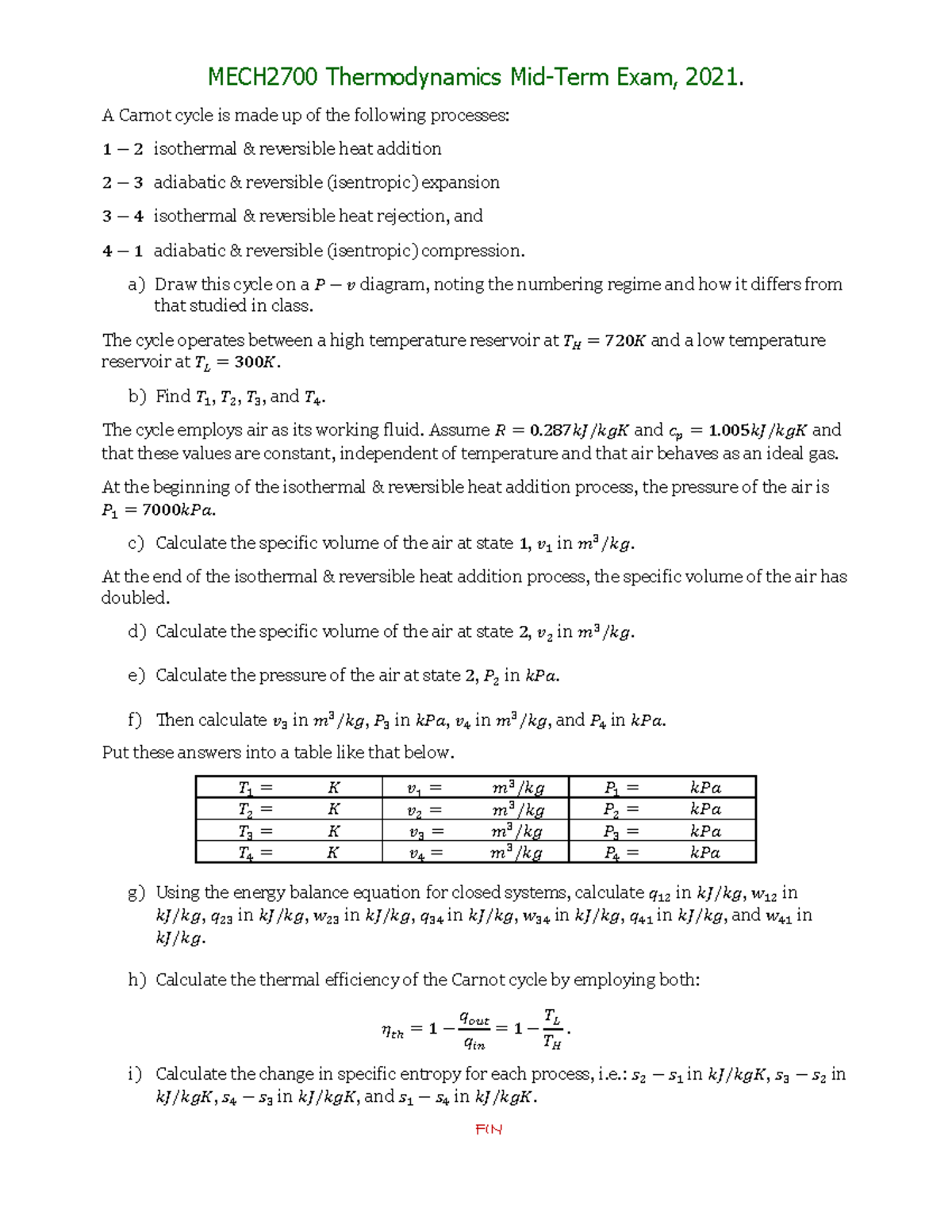 MMAN2700 2021 T1 Midterm - MECH2700 Thermodynamics Mid-Term Exam, 2021 ...