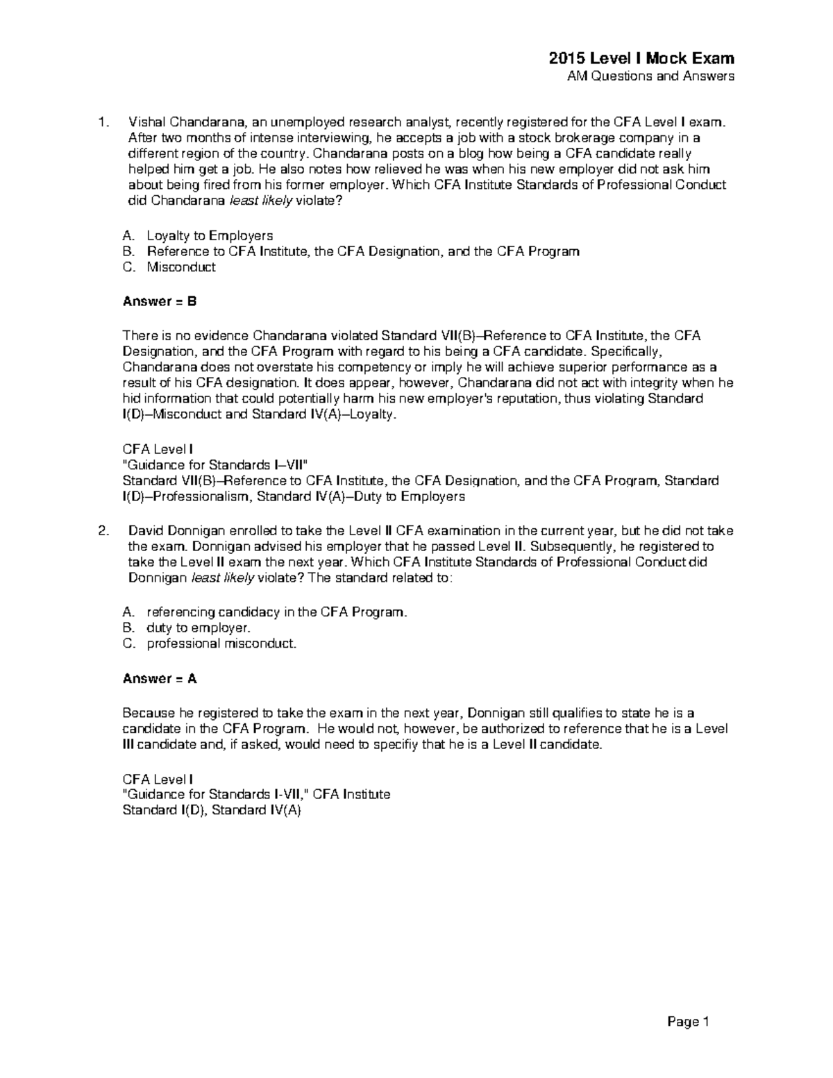 CFA Level I Mock Exam AM Questions And Answers - Studocu