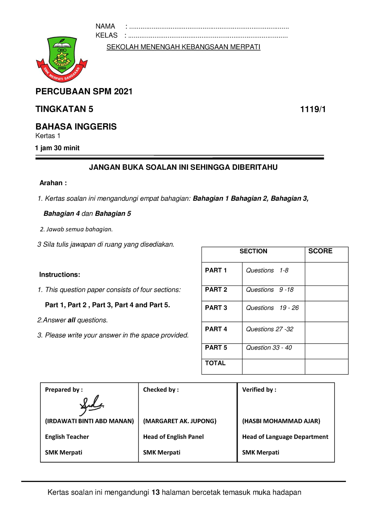 English Paper 1(SPM Trial) - NAMA : - Studocu