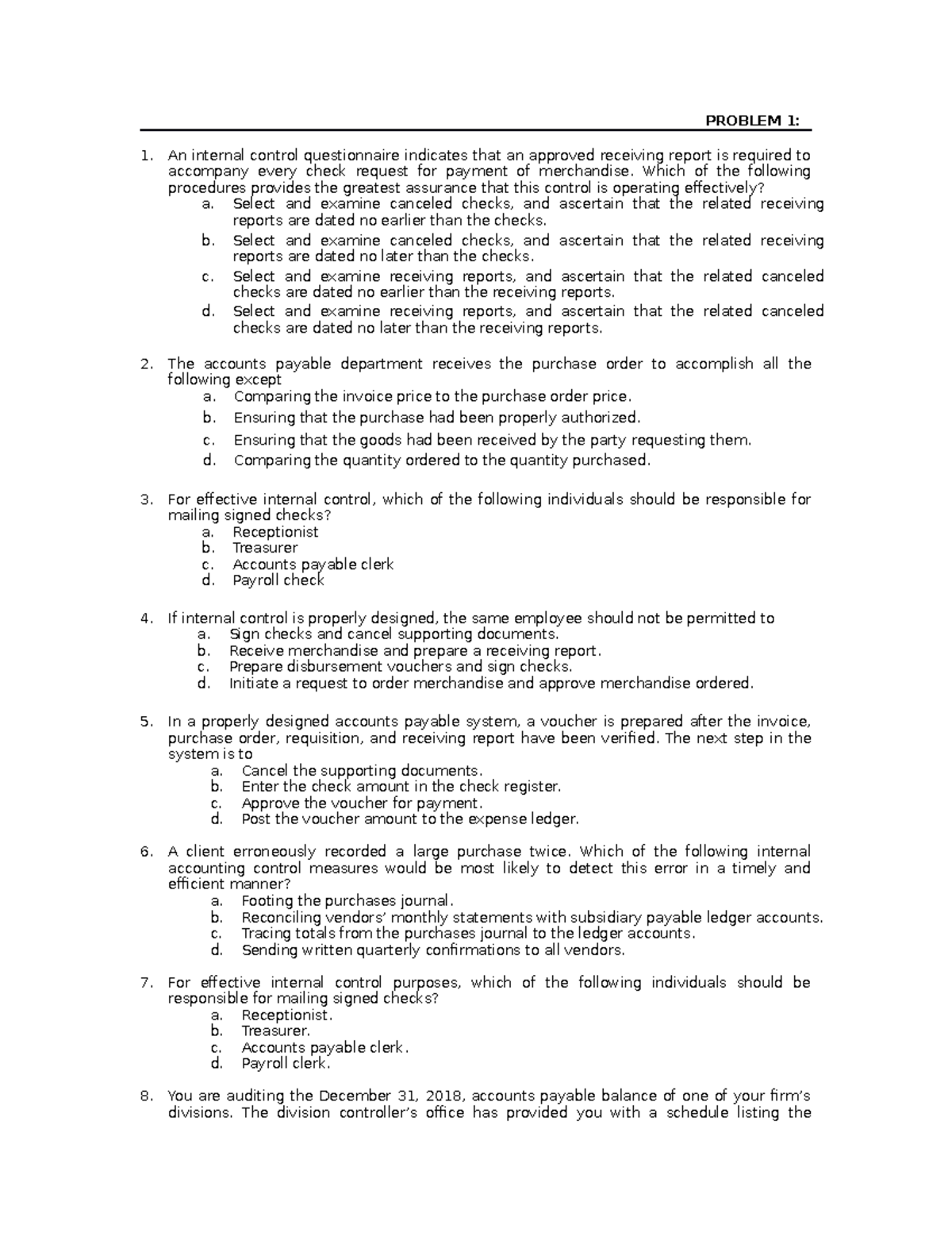 Notes for this semester: Accountancy - PROBLEM 1: An internal control ...