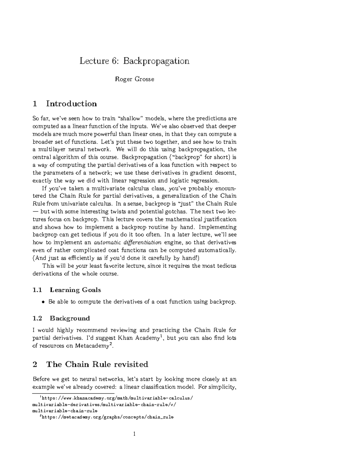 L06 Backpropagation - Lecture 6: Backpropagation Roger Grosse 1 ...