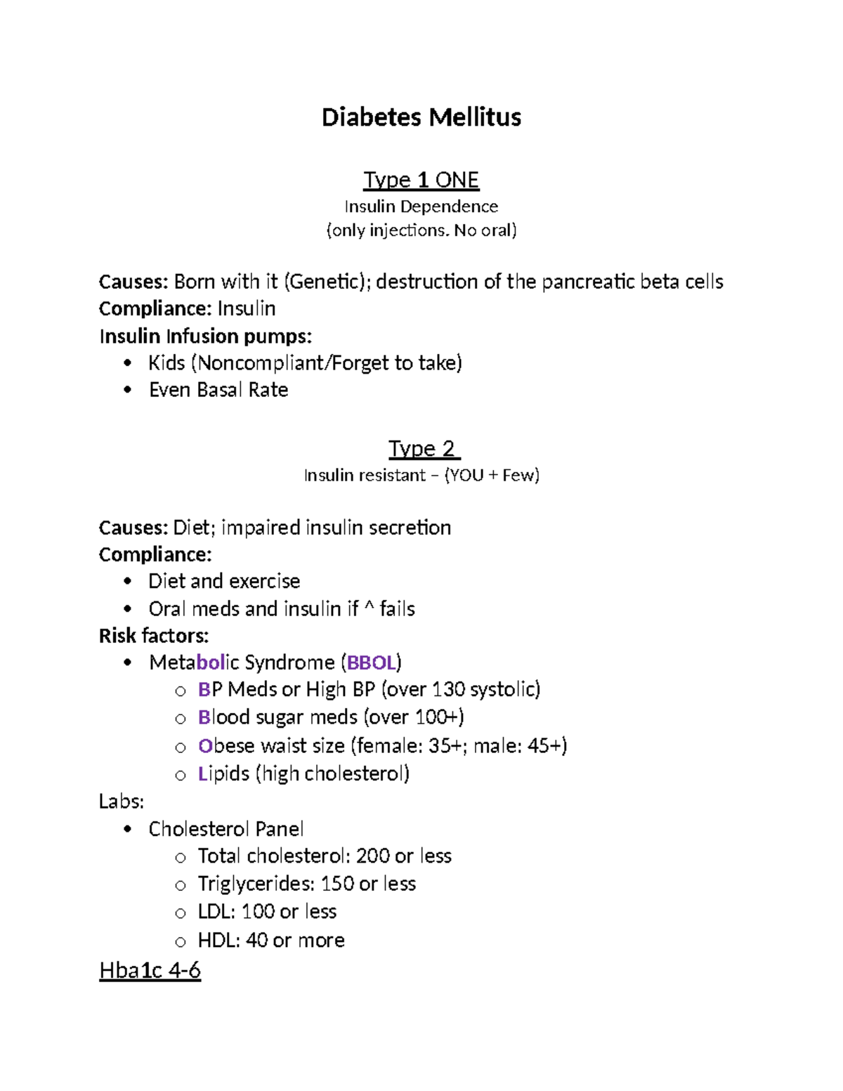 Notes Medsurg 12 Diabetes Mellitus Type 1 ONE Insulin Dependence