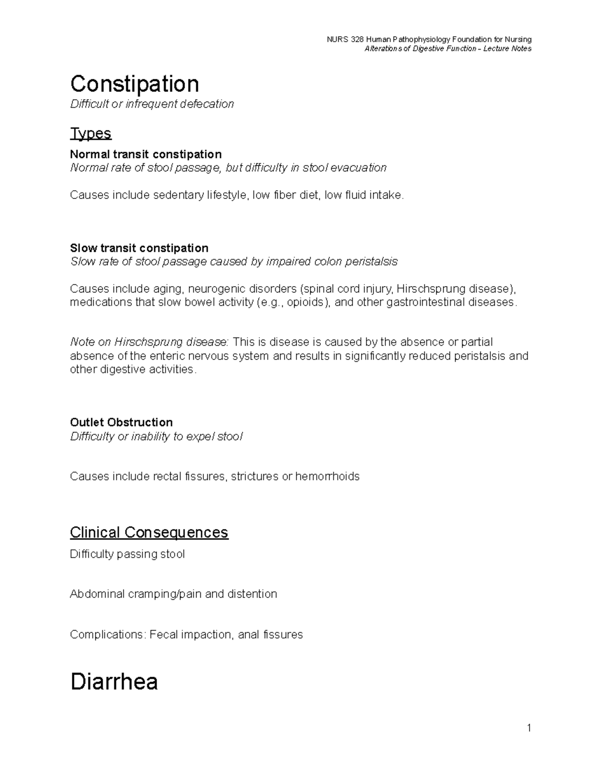 Alterations of Digestive Function Slow transit constipation Slow rate