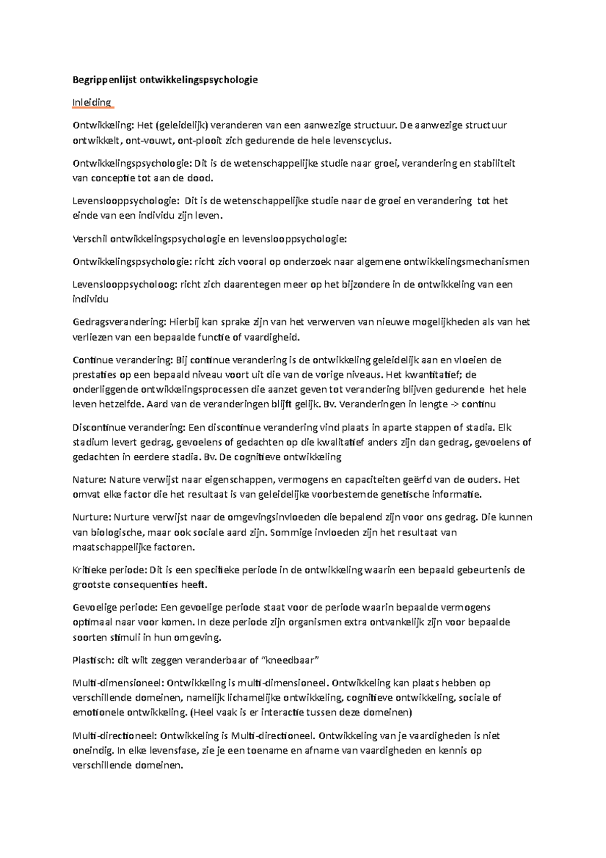 Begrippenlijst ODW1 - Begrippenlijst Ontwikkelingspsychologie Inleiding ...