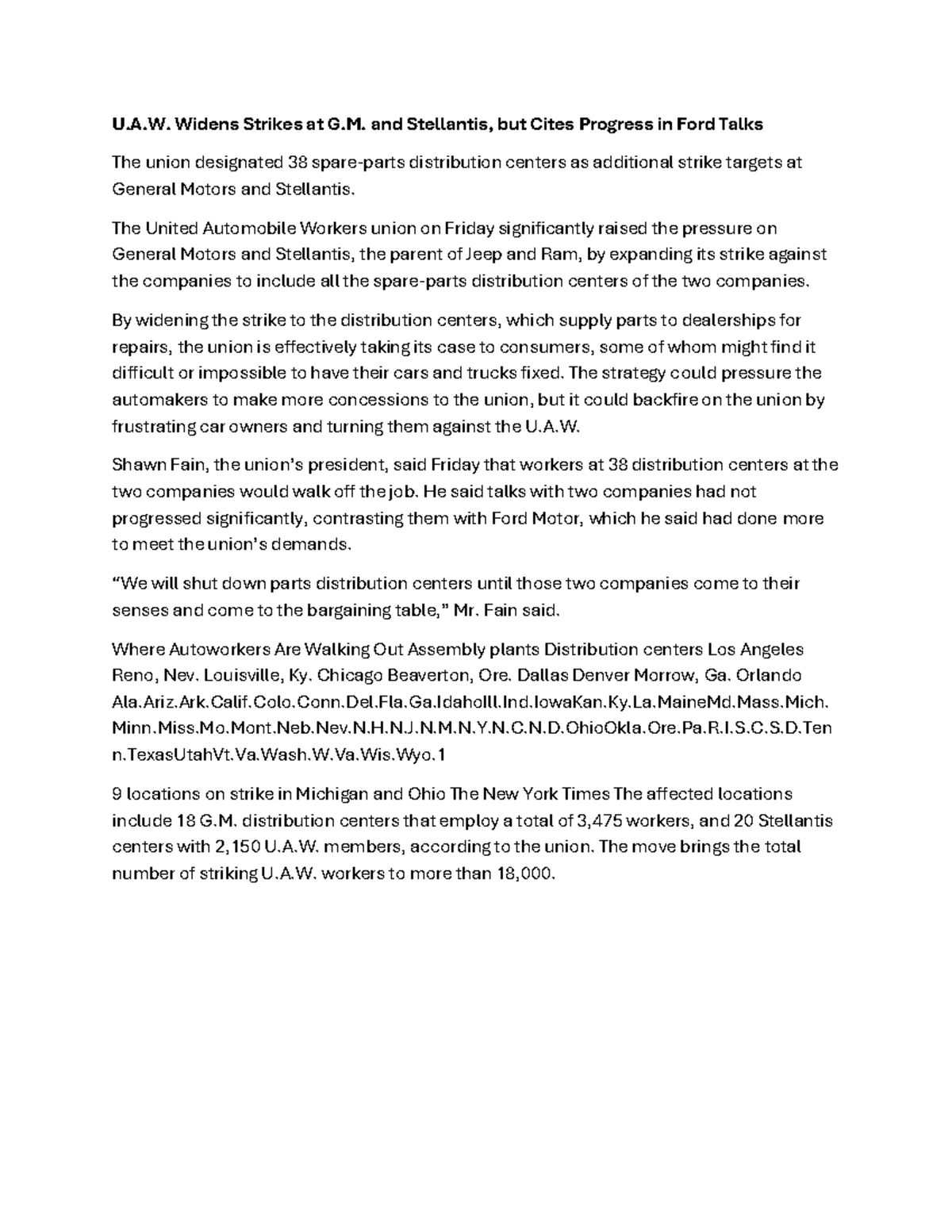 NY Times Article U.A. Widens Strikes at G. and Stellantis, but