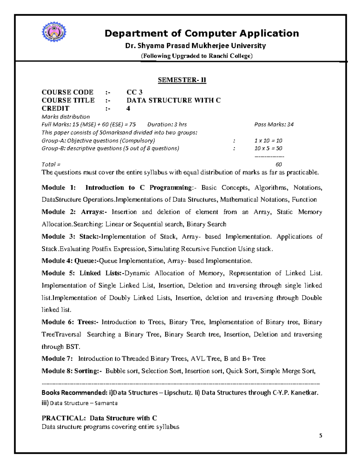 Computer Application Syllabus Sem2 Department of Computer Application Dr. Shyama Prasad