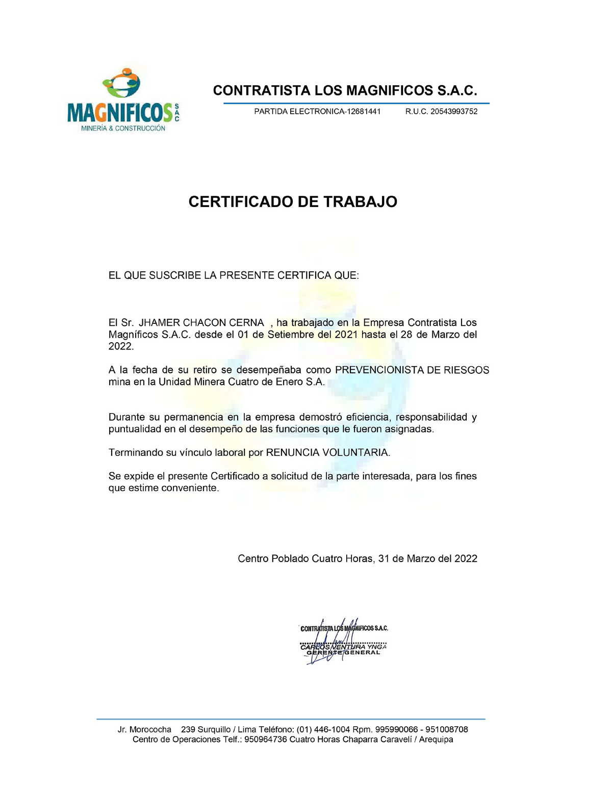 Certificado de trabajo contrata los magnificos - Proyecto de Ingeniería ...