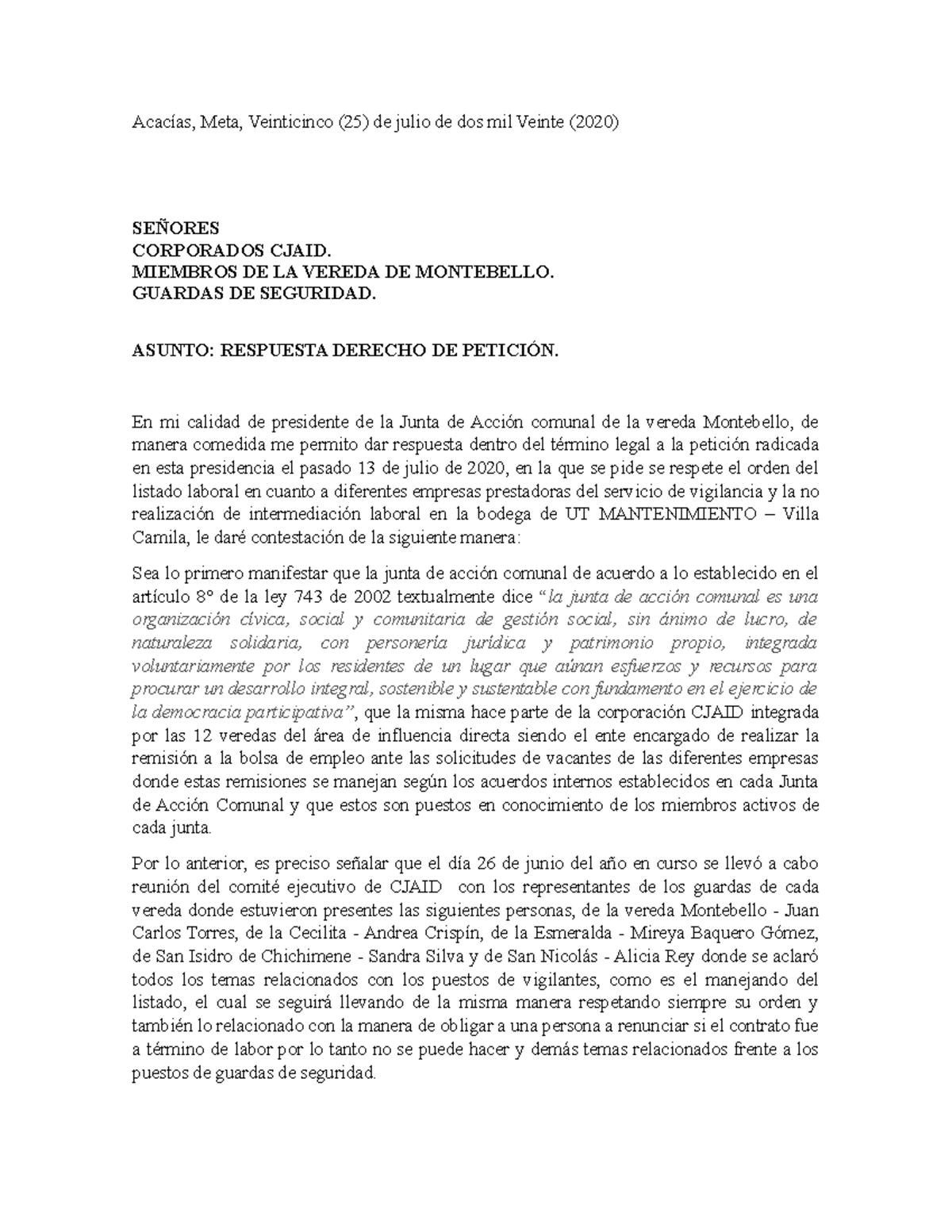 Contestacion derecho de petición - Acacías, Meta, Veinticinco (25) de ...
