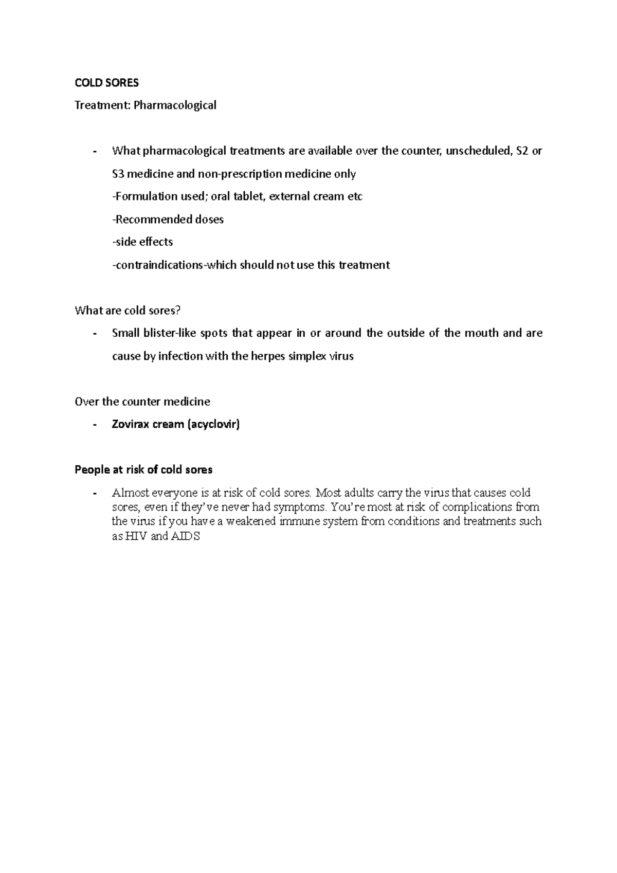 COLD Sores - notes - COLD SORES Treatment: Pharmacological What ...