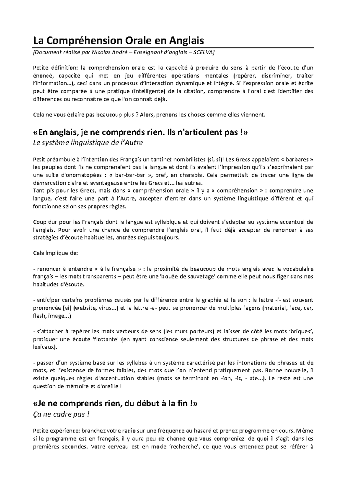 La comprehension orale en anglais La Compréhension Orale en Anglais [Document réalisé par