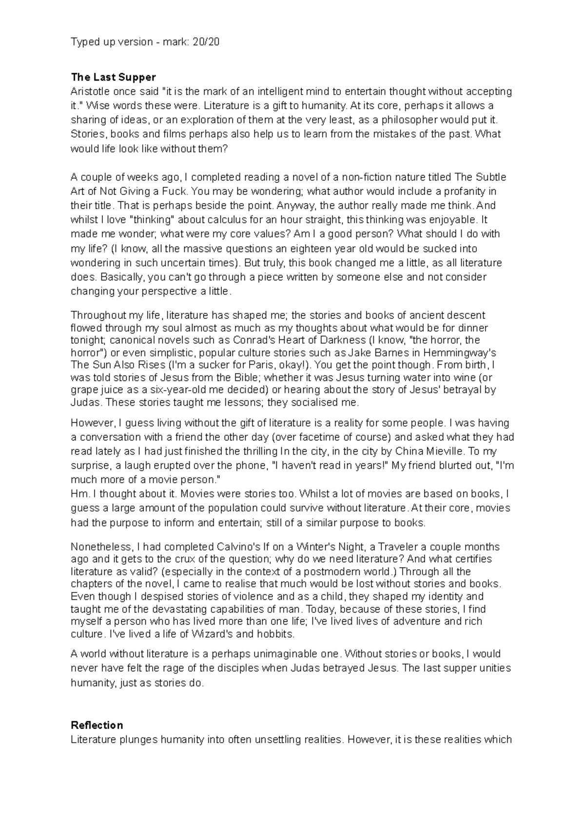 Discursive Trial HSC - Typed up version - mark: 20/ The Last Supper ...
